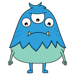 Hand drawn cartoon cute blue monster on white background.