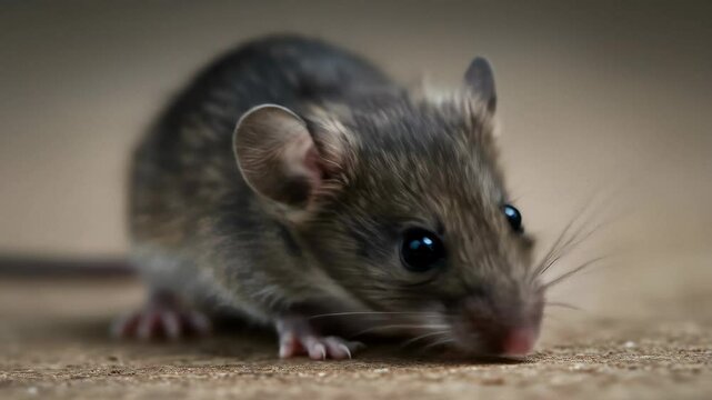 Close up of a small house mouse with black eyes. Rodent animal with fur, whiskers, and tiny paws, realistic detail clip.