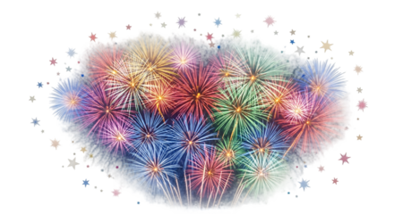 fireworks in the form of heart, 4th of July fireworks and star elements isolated on white background