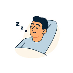 Flat vector of man sleeping peacefully on pillow, ideal for health care, rest, sleep hygiene, mental health, bedtime illustrations, comfort, recovery, or wellness campaigns