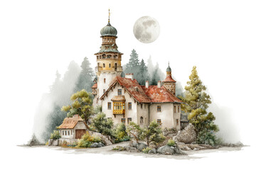 Fototapeta premium PNG Charming castle with moonlit tower in serene forest setting
