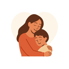 Mother hugging her child with affection and calm expression, flat cartoon style for motherhood, family love, parenting, emotional care, protection, and well-being themes