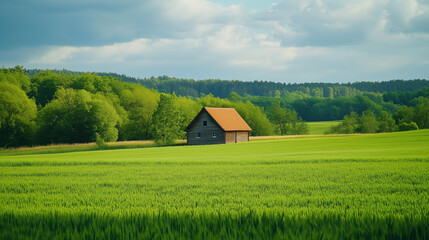 Obraz premium Wooden house in green field surrounded by forest under cloudy sky