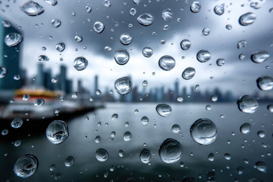 Raindrops on glass providing a view of a city skyline under a gray sky
