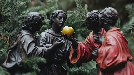 Bronze figures sharing a golden fruit