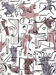 Abstract drawing of women's faces with black lines on a colored background.Seamless pattern.
