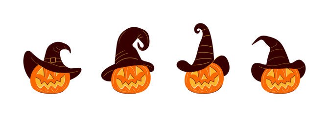 Jack-o-Lanterns in Witch Hats Halloween Set