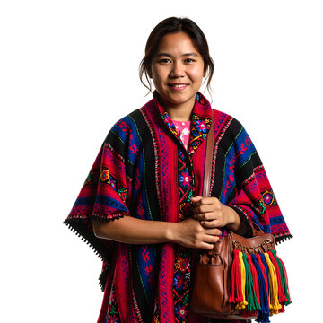 Colombian woman wearing ruana poncho  holding traditional bag smiling gently Authentic indigenous attire against white background