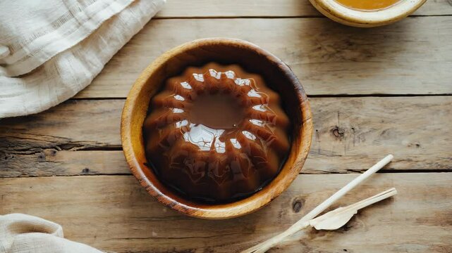 A traditional rye pudding Finnish M&auml;mmi,  served in a wooden bowl, with a creamy texture and dark rich color, natural light on a wooden countertop
