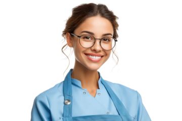 PNG Smiling young hispanic female chef in blue apron and glasses