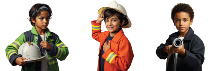 Energetic young boys portraying firefighters, wearing fireproof coats and helmets, some holding a fire hose nozzle, showcasing their enthusiasm for heroic careers in emergency services.