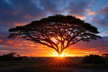 Obraz premium Majestic sunset silhouettes acacia tree against vibrant sky in serene landscape