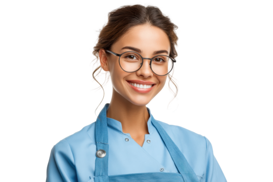 PNG Smiling young hispanic female chef in blue apron and glasses