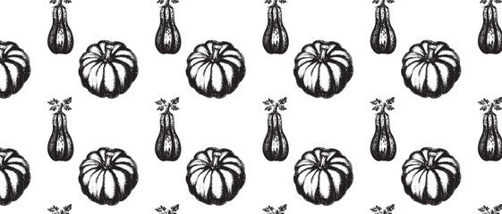 Seamless Vintage Vegetable Engraving Pattern with Pumpkin and Zucchini in Retro Botanical style, ideal for Fall branding and packaging.