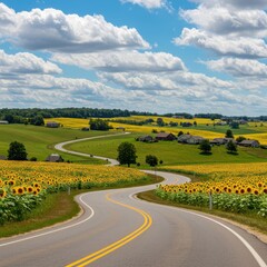 Winding Country Road Through a Sunflower Field