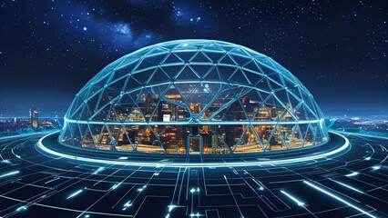 A futuristic glass dome city glowing at night under a starry sky, surrounded by digital energy fields
