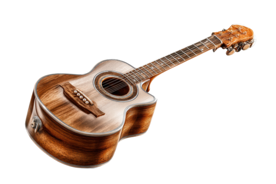 PNG Elegant wooden acoustic guitar with steel strings on black background