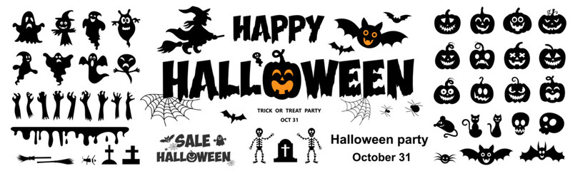 Set of silhouettes of Halloween on a white background. Vector illustration