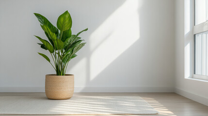 Serene indoor plant in woven pot, basking in sunlight on soft rug, creates calming atmosphere