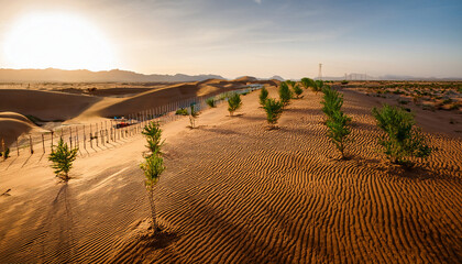 Desert Greening and Arid Zone Conservation_ _A desert area where green patches of drought-resistant