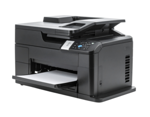 Smart Office Printer with Paper Tray – Angled Isolated Transparent Background PNG