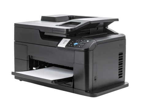 Smart Office Printer with Paper Tray – Angled Isolated Transparent Background PNG