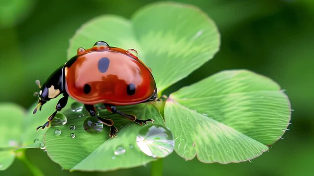 A colorful ladybug resting on a clover leaf with water droplets.