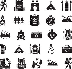 Hiking & Camping Outdoor Adventure Icons: Black Glyph Set for Wilderness Exploration
