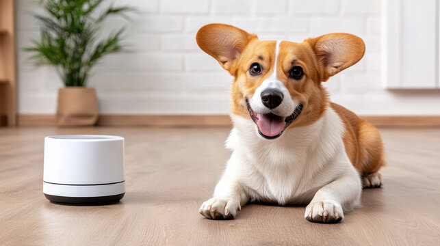 Happy dog lying on floor next to automated feeder, enjoying its time indoors