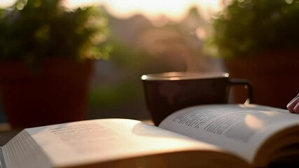 A cozy reading scene with a book and coffee in warm sunlight. - Powered by Adobe