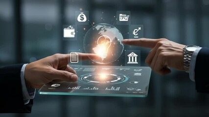 Global Business Innovation: Two businessmen collaborate with a digital tablet showcasing worldwide financial ideas for investment. - Powered by Adobe