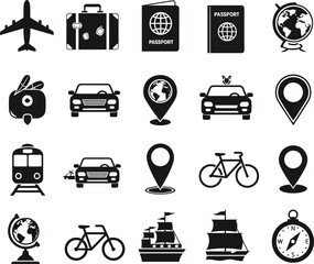 Collection of travel and transportation icons including airplane suitcase passport globe car train bicycle ship and compass