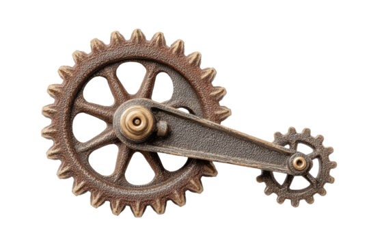PNG Vintage mechanical gear system with rusty cogs on black background