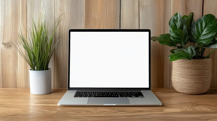Fototapeta premium Minimalist workspace with laptop, potted plants, and wooden background creating serene