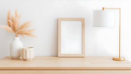 Vertical poster art mockup with beige wooden frame, dried grass in vase, wicker basket lamp on empty warm white background. Japandi interior decoration. A4, A3 format. 3d rendering, illustration