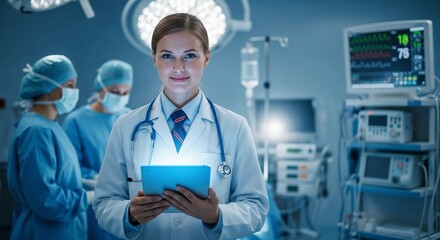 Doctor Utilizing Advanced Digital Tablet Technology in Modern Healthcare. Medical Professional in Operating Room Analyzing Real-Time Patient Data, Cutting-Edge Medical Innovations and solutions.
