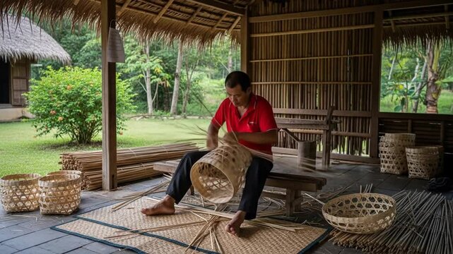 Artisan craftsman weaving basket outdoor traditional
