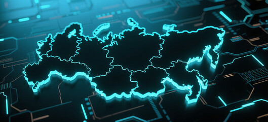 Russia Map Highlighted on Futuristic Circuit Board