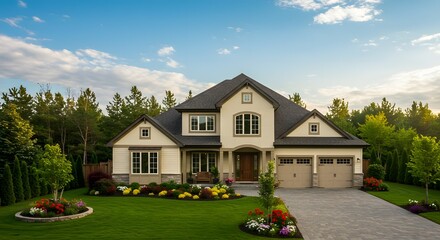Luxury Dream Home Elegant Exterior Design with Lush Landscaping and Spacious Driveway