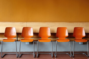 Row of orange plastic chairs with metal legs in waiting room, minimalist interior, empty and clean, modern design, calm atmosphere, repetitive pattern, horizontal composition