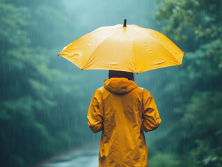 Person in yellow raincoat walking with umbrella in the rain