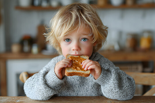 young child eating slice of peanut butter on toast for breakfast, allergen exposure theme - Powered by Adobe