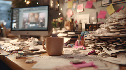 Busy office workspace with scattered papers computer monitor coffee mug and office supplies du daytime