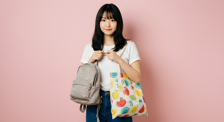 Young Woman with Backpack and Reusable Shopping Bag Promoting Sustainable Lifestyle Choices