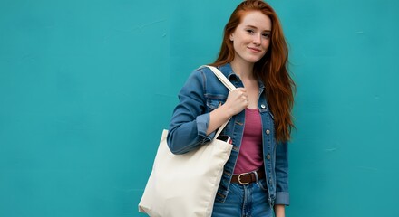 Redhead Woman with Tote Bag Against Teal Background Fashion, Style, and Eco-Consciousness