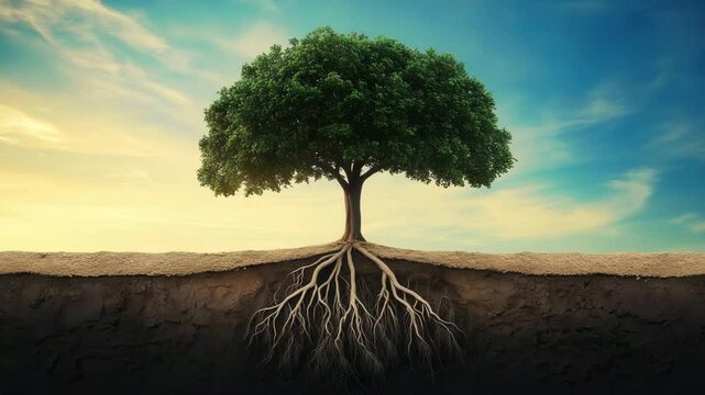 Majestic tree with deep roots growing in fertile soil at sunset