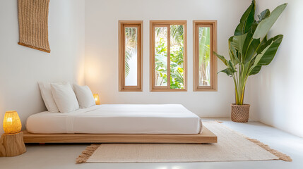 Serene room featuring minimalist design with mattress floor, soft linens, and natural light