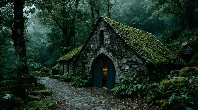 Moss-covered stone cottage hidden in misty forest