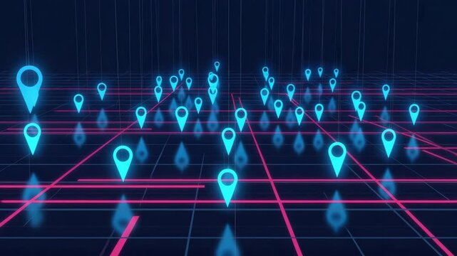 3D Grid Map with Glowing Blue Location Markers Animation