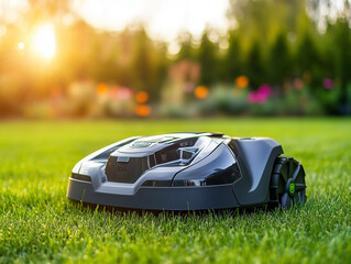 Robotic lawn mower on green grass at sunset in garden